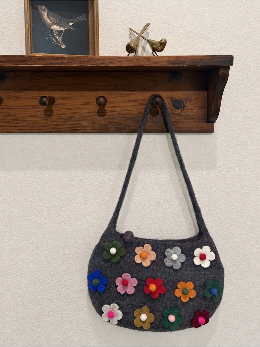 Handmade Felted Wool Floral Shoulder Bag Cottagecore Folk Art Purse